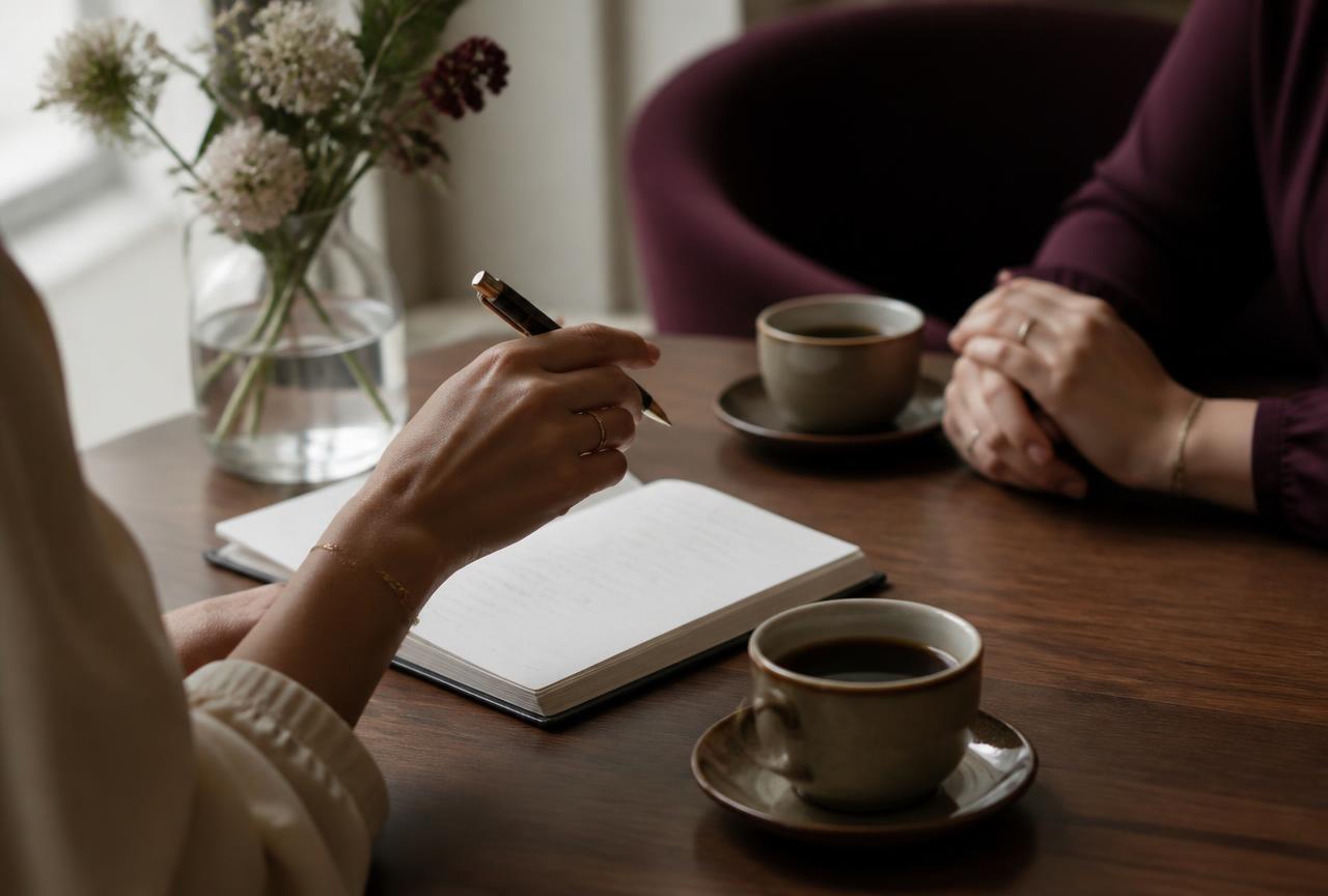 Two people talking across a table with notebooks and coffee