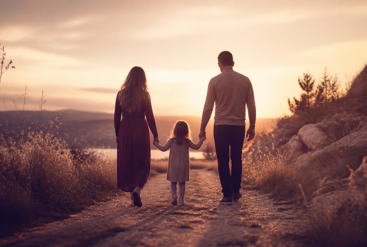 A family walking together on a path at golden hour