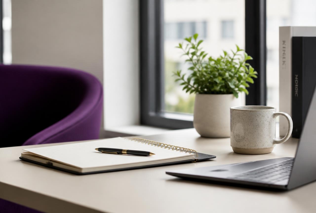 A calm professional workspace with a notebook, laptop and coffee